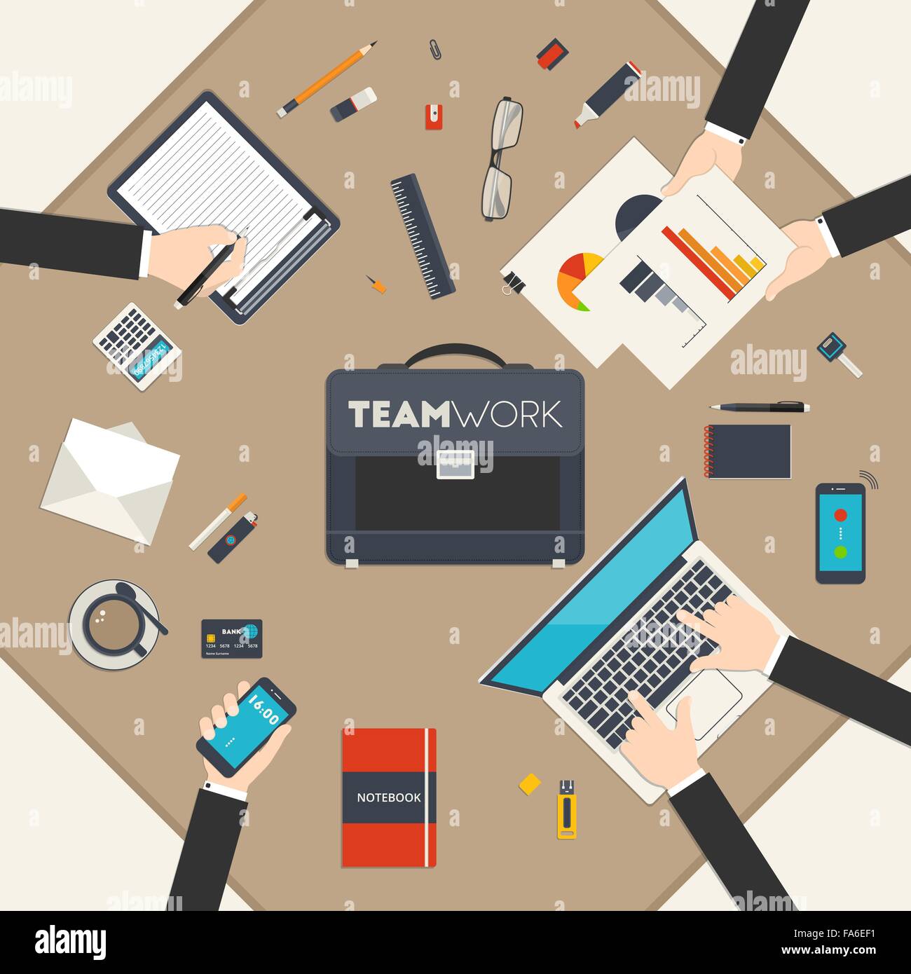 Flat style modern design concept of teamwork. Icon set of business work flow items and elements, office things and other objects Stock Vector