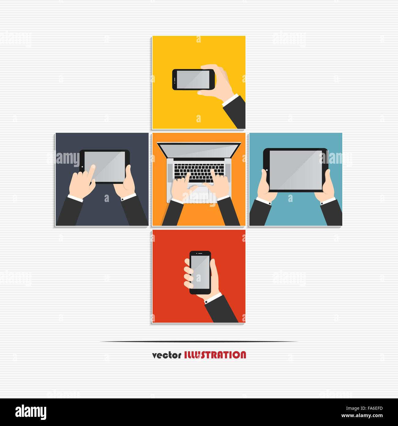Hands using various modern technology devices. Laptop, digital tablet and smartphone Stock Vector