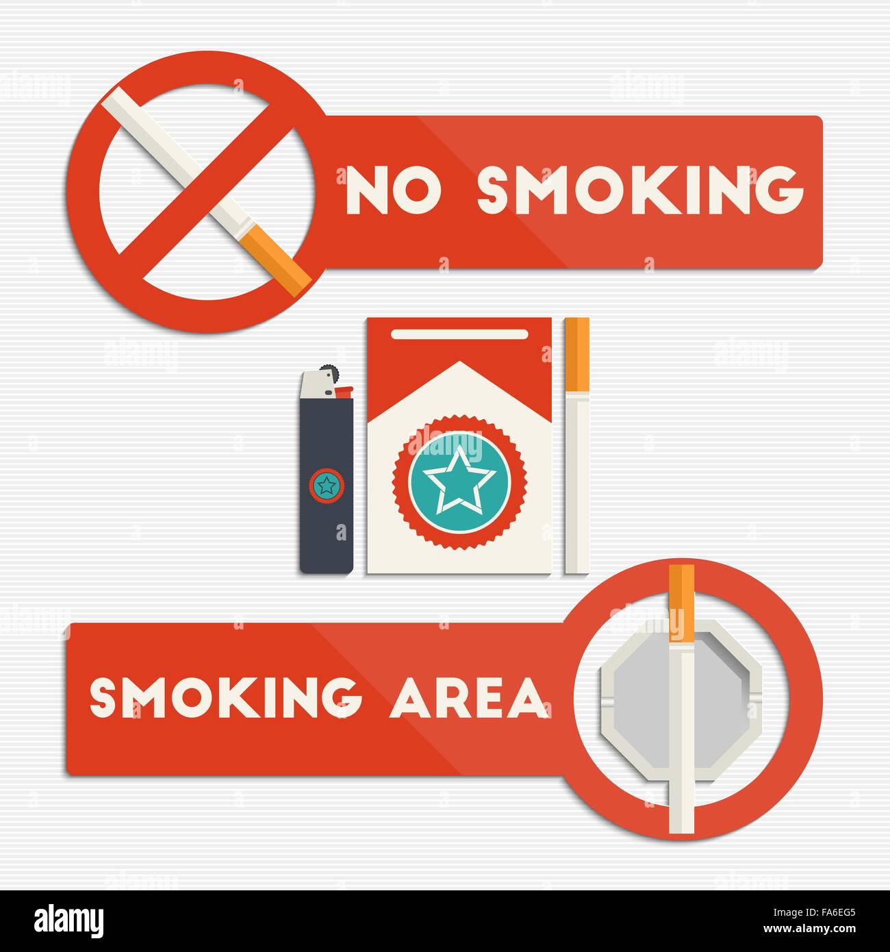 No smoking and smoking area signs with cigarettes and lighter for your design Stock Vector