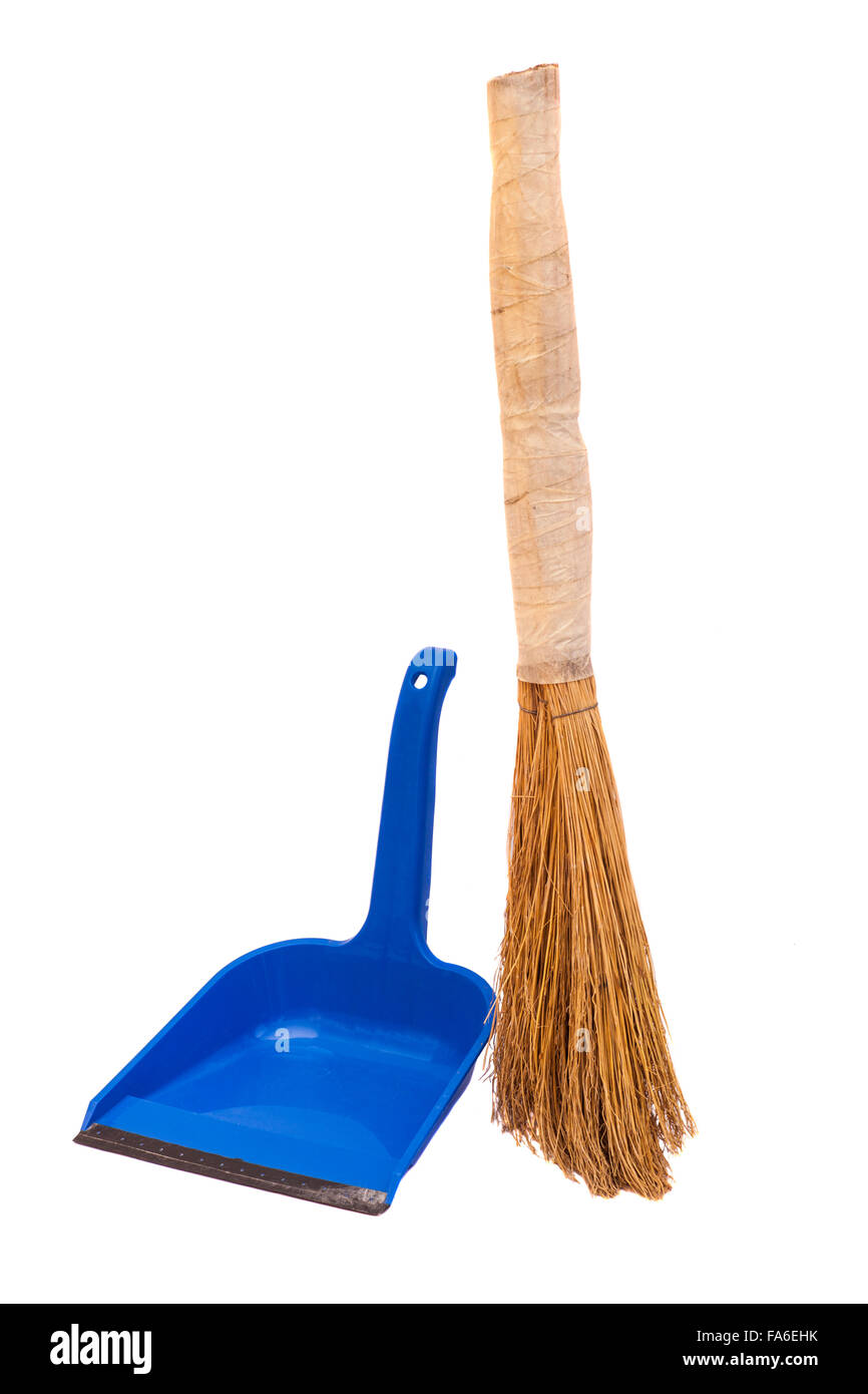 blue plastic dustpan and straw broomstick Stock Photo Alamy