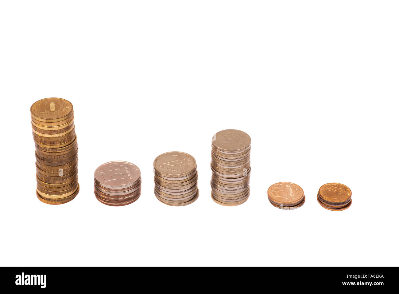 stacks of golden end silver coins isolated on white Stock Photo - Alamy