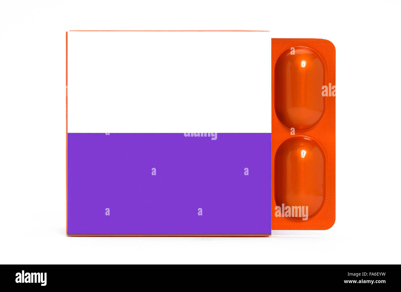 Pack with pills blister orange purple and white colors copy space isolated on white background Stock Photo