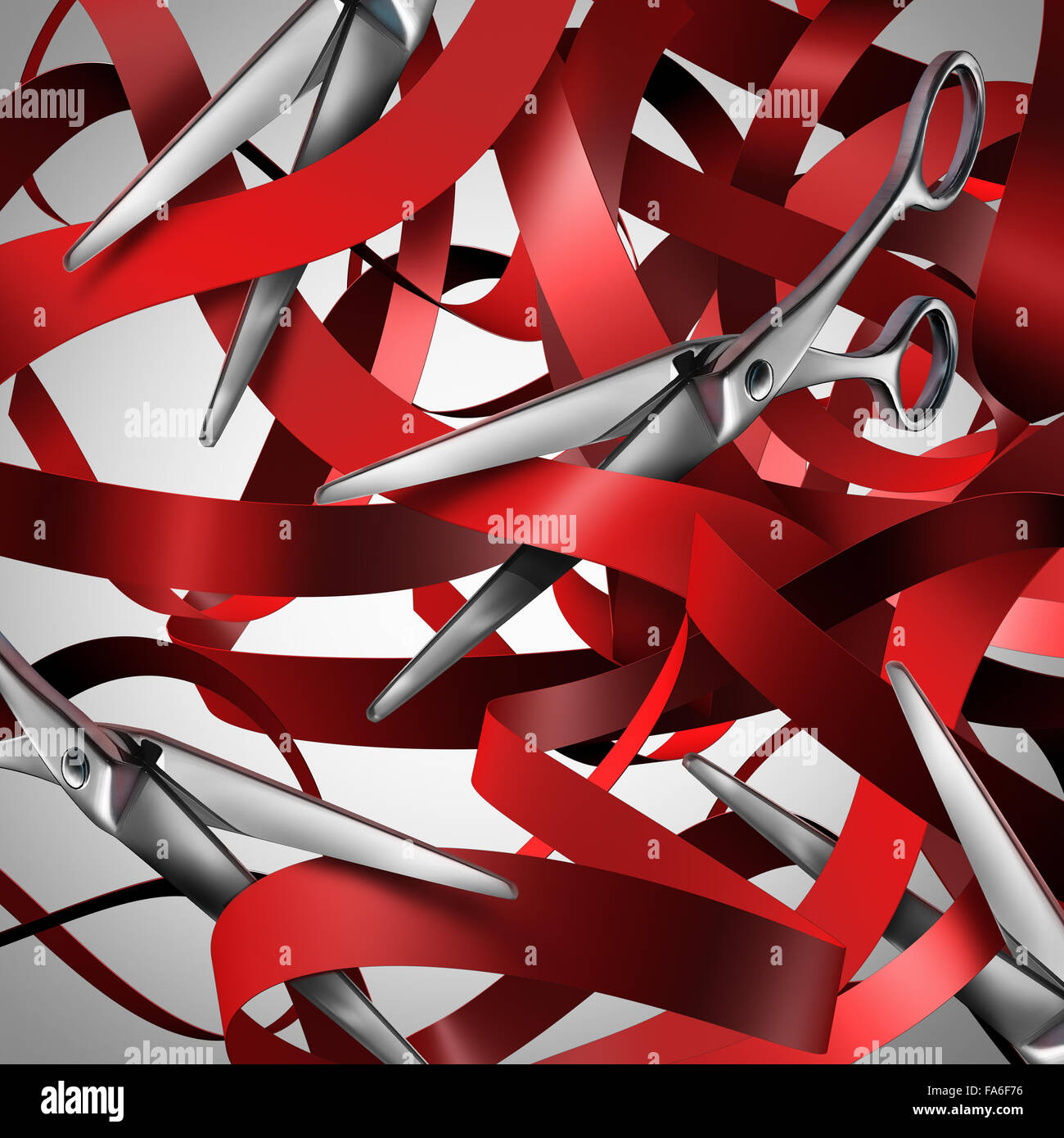 Cutting red tape and bureaucracy obstacle business concept as a group of scissors making cuts to symbols of government gridlock Stock Photo