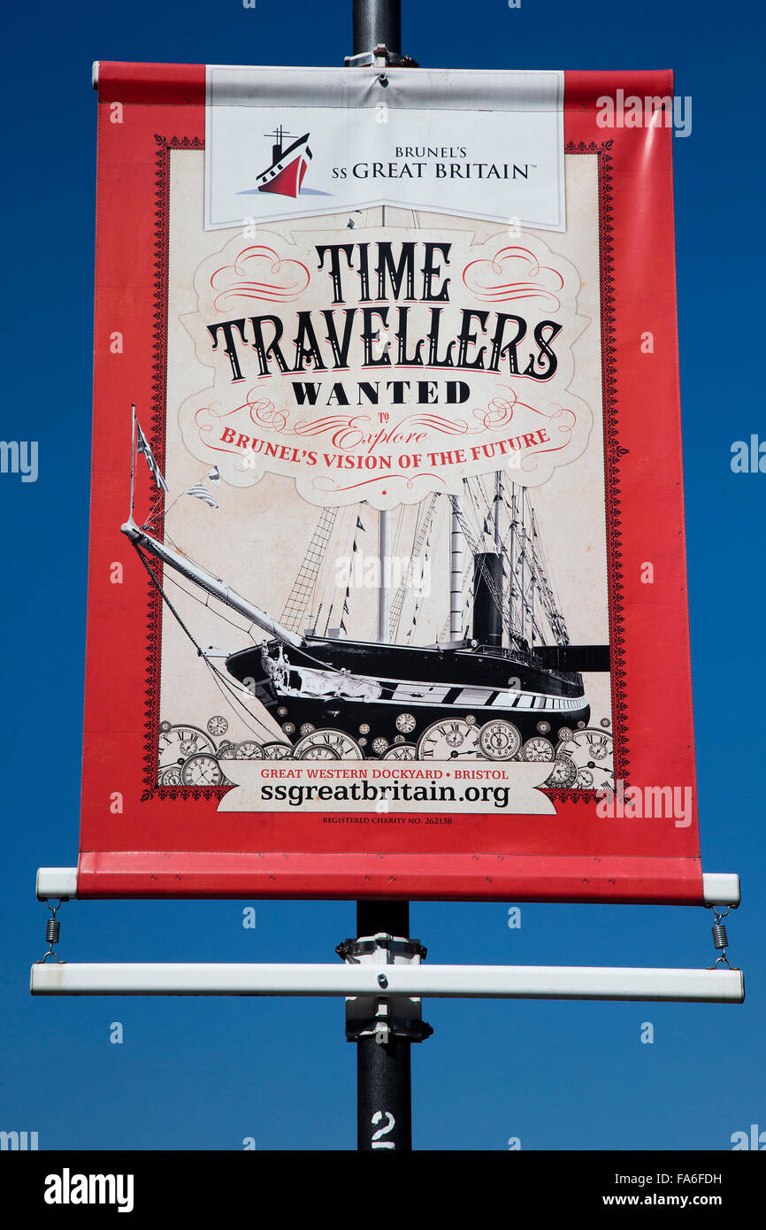 Brunel's ss Great Britain 'Time Travellers Wanted' sign. Stock Photo