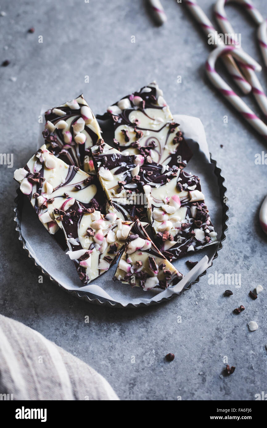 All-natural dark chocolate peppermint bark with cacao nibs and flaky salt Stock Photo