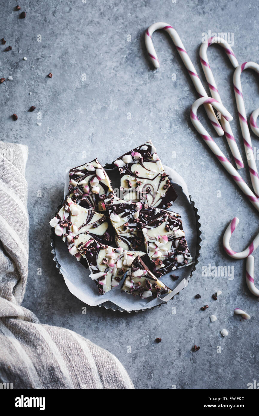 All-natural dark chocolate peppermint bark with cacao nibs and flaky salt Stock Photo