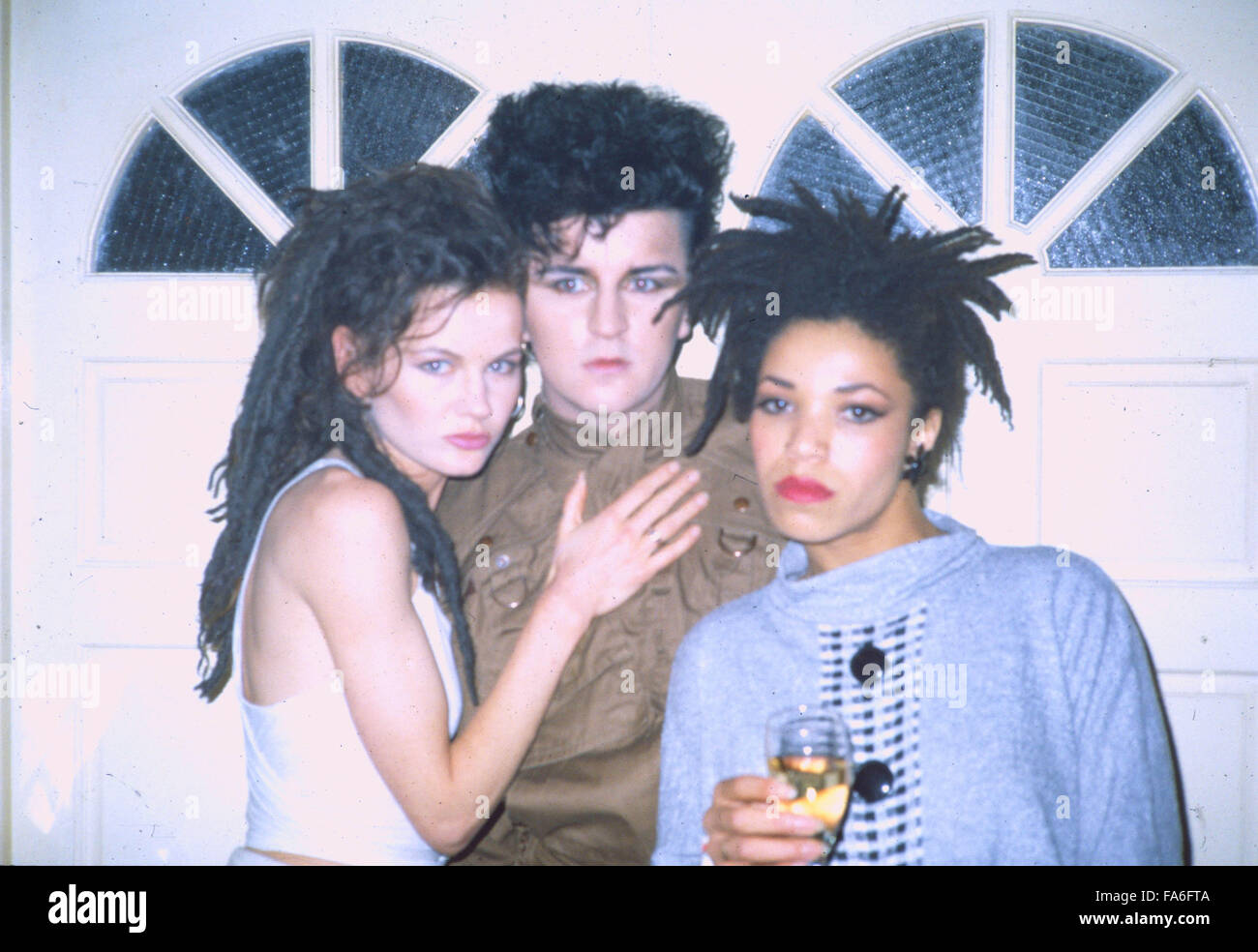 London.UK. Steve Strange (born Steven John Harrington) with Kate Garner  from Haysi Fantayzee and Jennie Matthias from The Belle Stars at the Camden  Palace in about 1982. ReCaptioned 13.2.2015 with news of