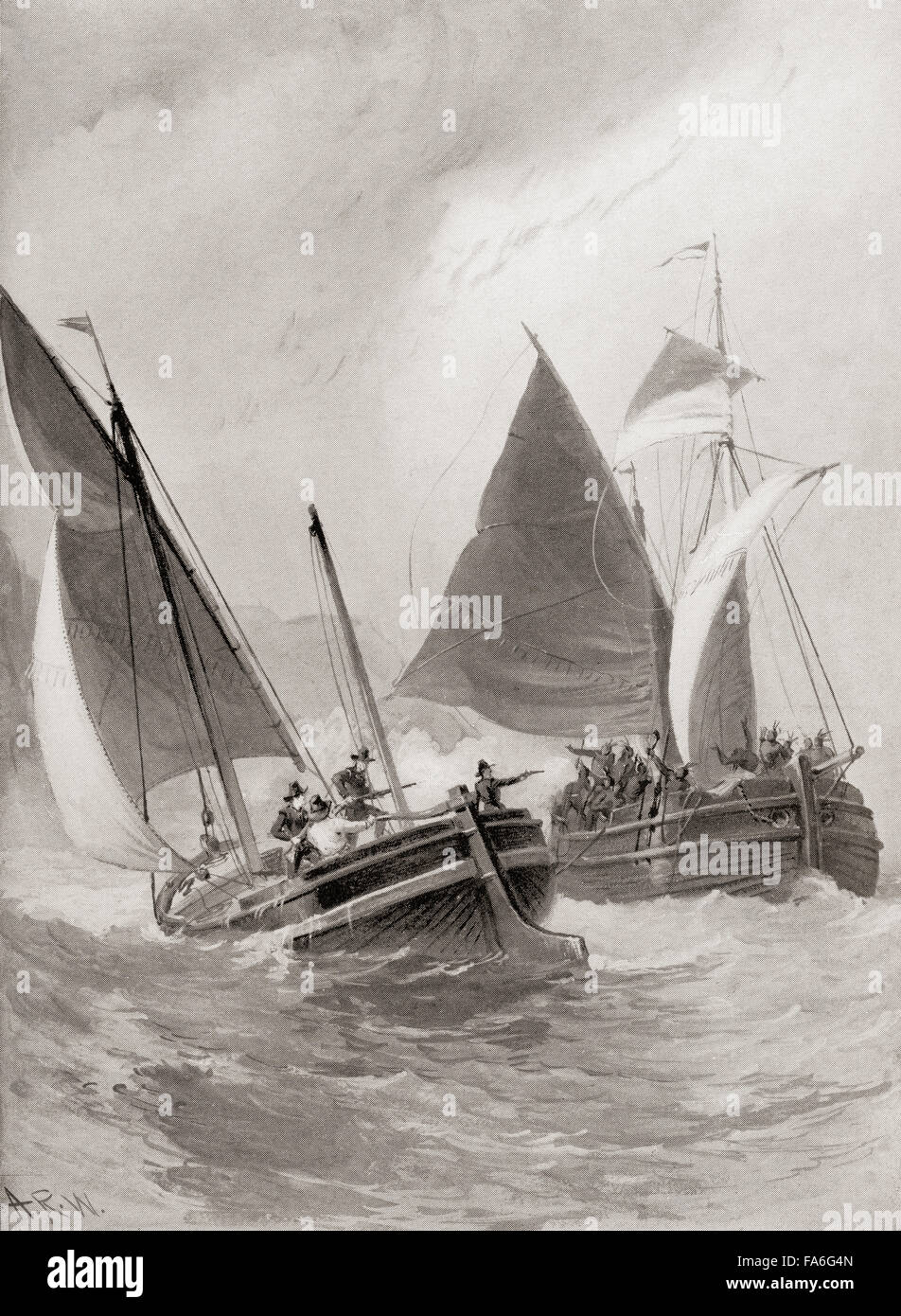 John Mason (c. 1600–1672) and John Gallop (1619-1675) attacking the Indians off Block Island during the Pequot War in 1637. Stock Photo