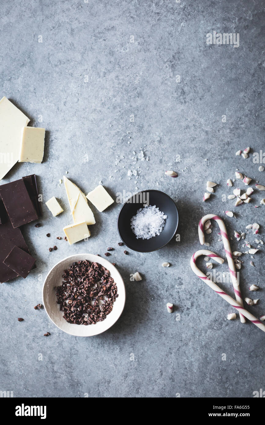 Ingredients for All-natural dark chocolate peppermint bark with cacao nibs and flaky salt Stock Photo