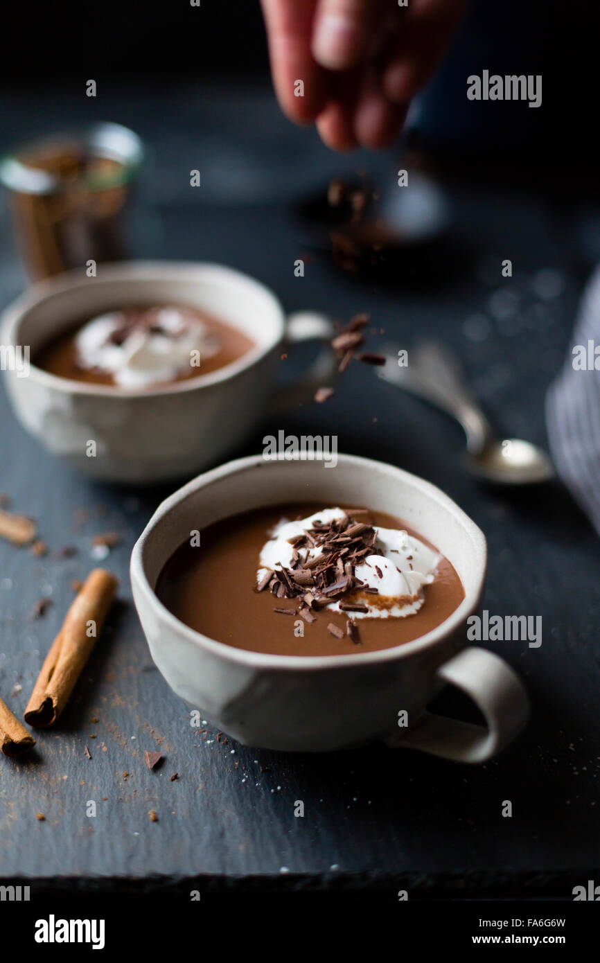 Dairy-free version of champurrado, almond milk forms the base for spiced hot chocolate thickened with masa harina, all decked ou Stock Photo