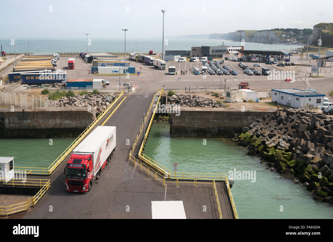 Truck driving onto ferry, Dieppe ferry terminal, Seine-Maritime, Normandy, France, Europe Stock Photo