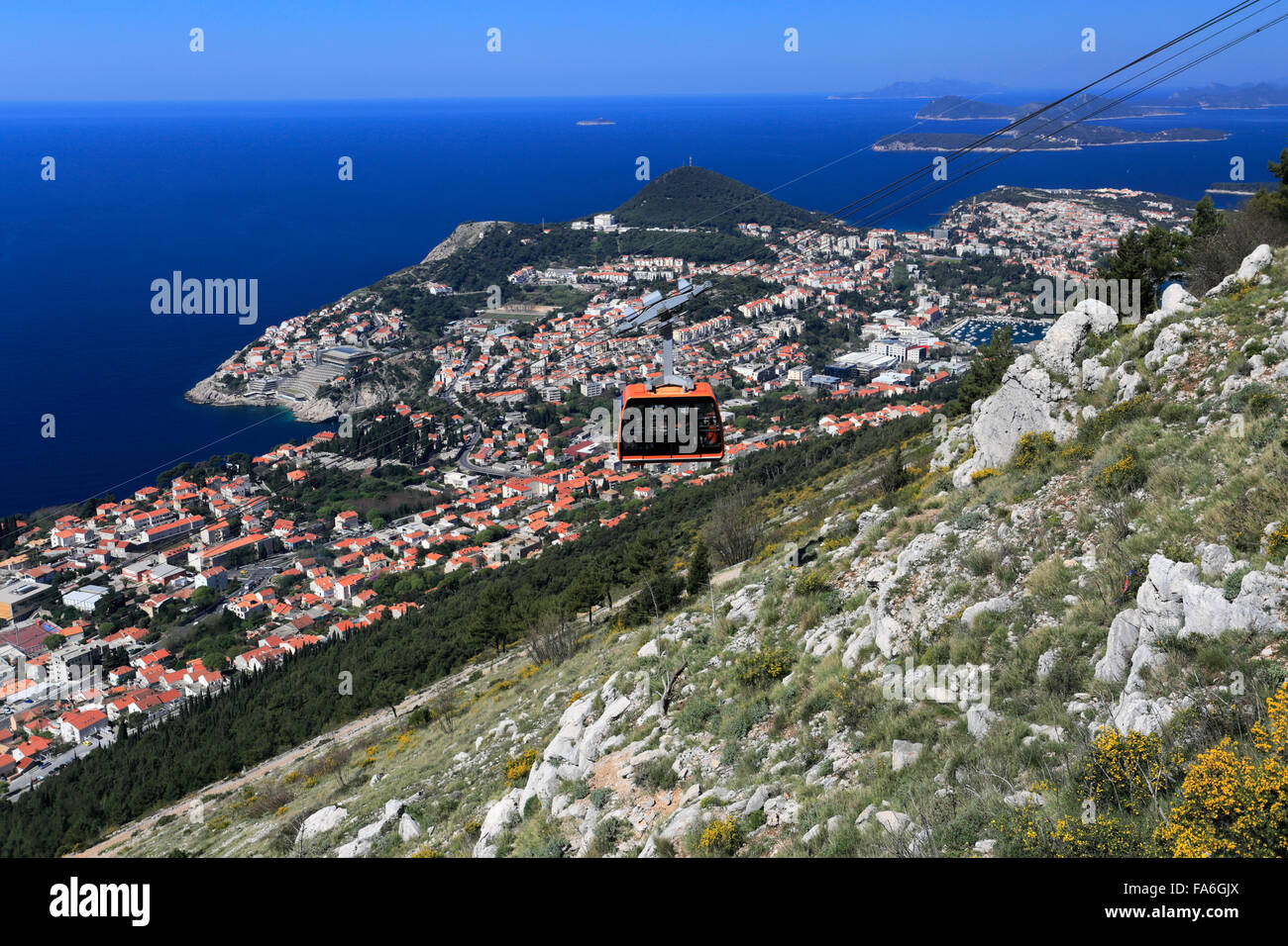 Overhead Cable Cars at Dubrovnik, Dubrovnik-Neretva County, Dalmatian coast, Adriatic Sea, Croatia, Balkans, Europe, UNESCO Stock Photo