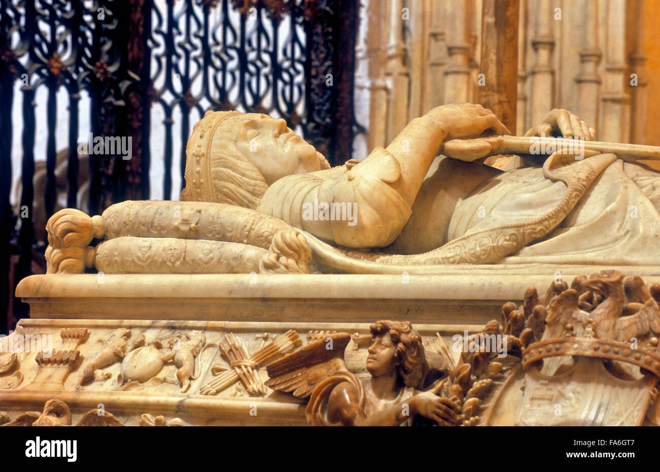 royal mausoleum.Tomb of the Catholic Monarchs , by Domenico Fancelli.Detail of the king Fernando. In Royal Chapel of the cathedr Stock Photo