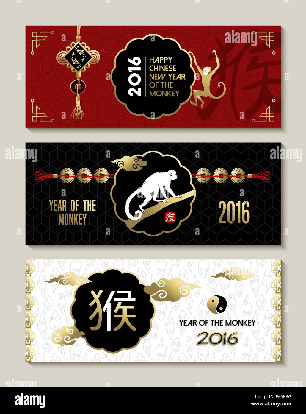 2016 Happy Chinese New Year of the Monkey traditional label banner set with elegant decoration in gold red and black colors. Stock Vector