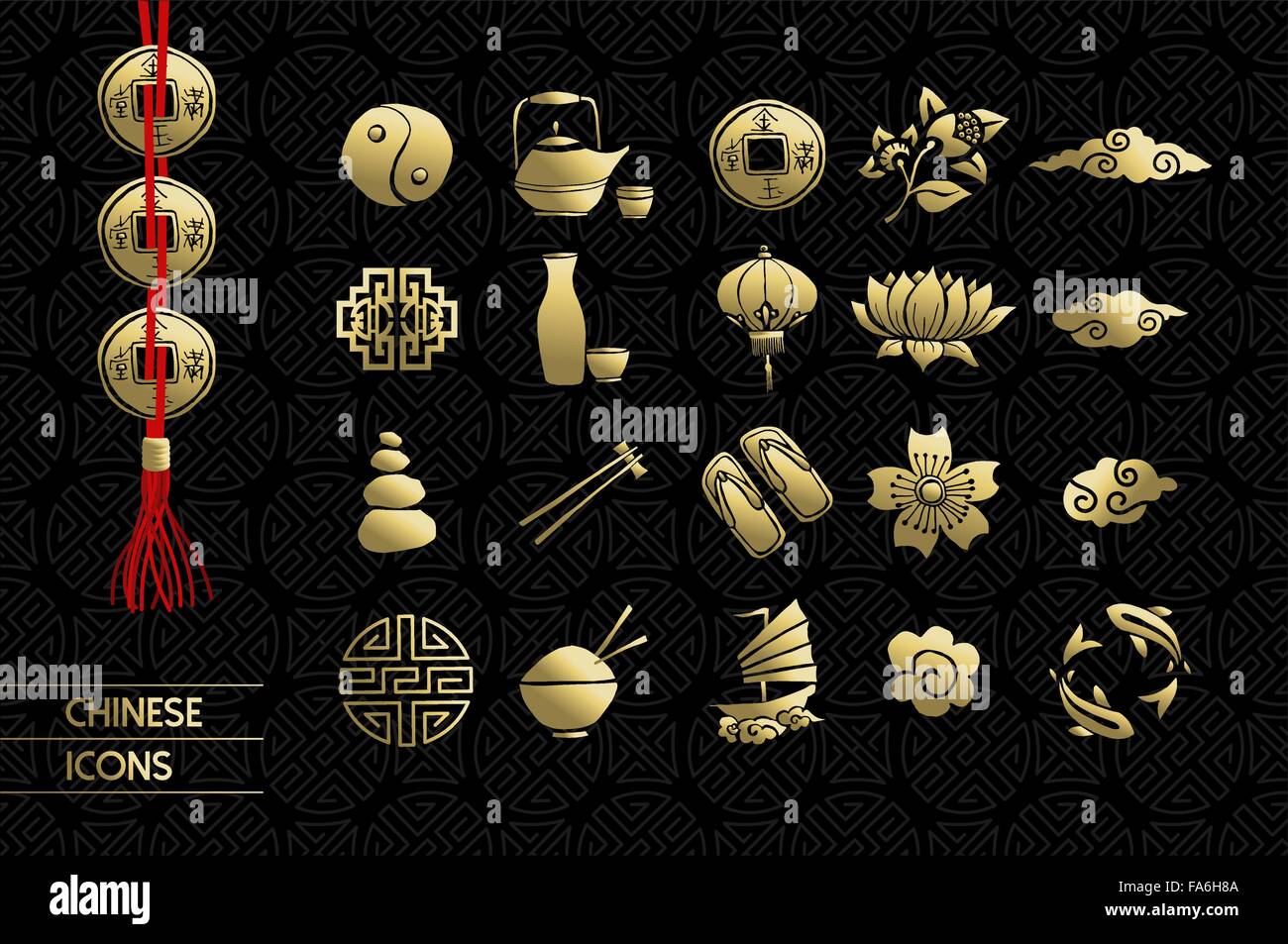 Gold chinese icons set. Includes lotus flower, traditional culture elements and decoration. EPS10 vector. Stock Vector