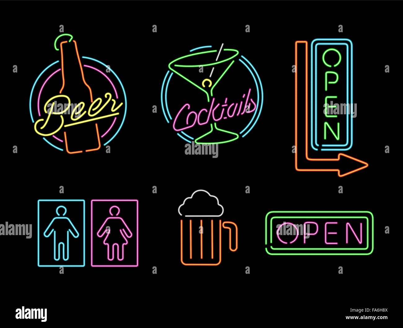 Set of retro style neon light outline sign icons for bar, beer, open business, cocktail and bathroom symbol. EPS10 vector. Stock Vector