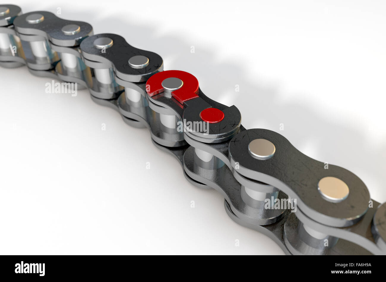 A regular bicycle chain with a question mark as its master link on an