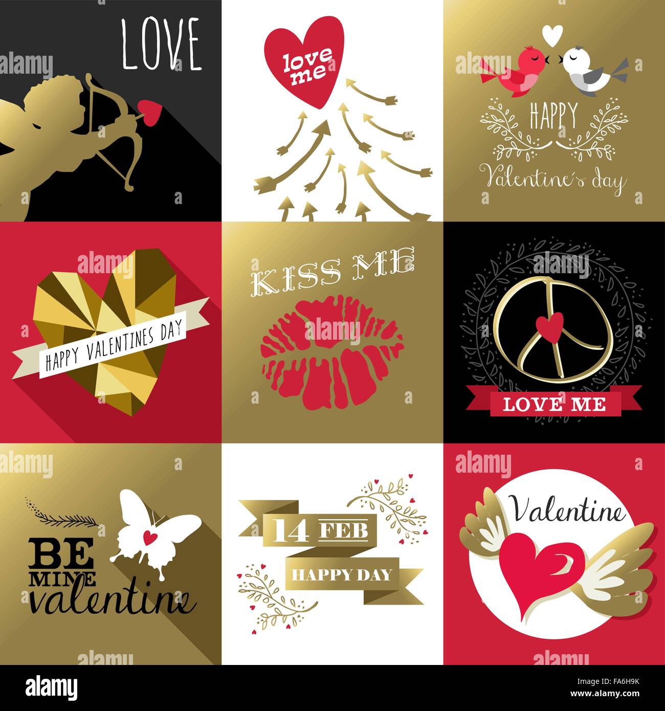 Saint Valentines day retro design label set with gold and pink colors ...