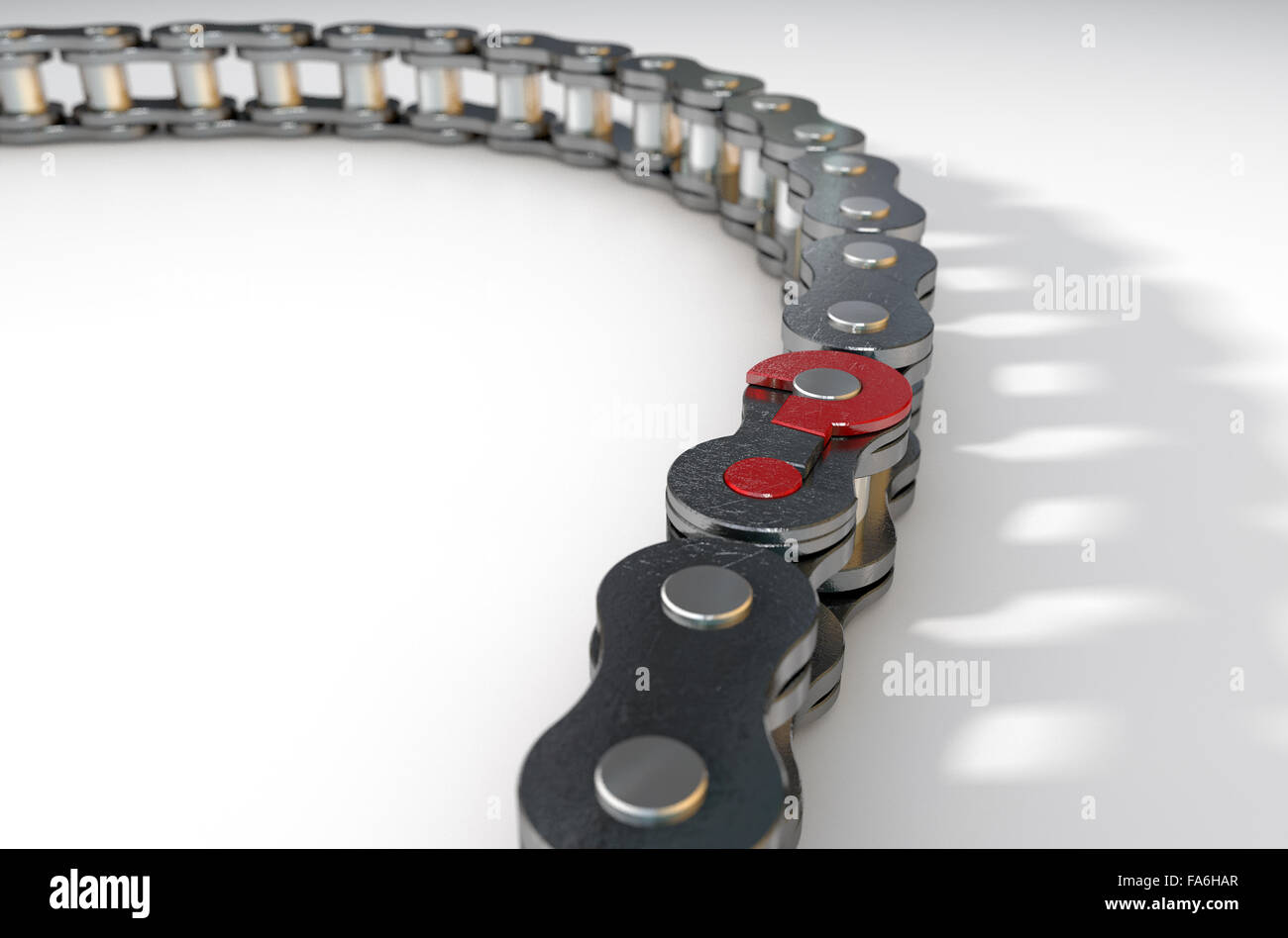 A regular bicycle chain with a question mark as its master link on an