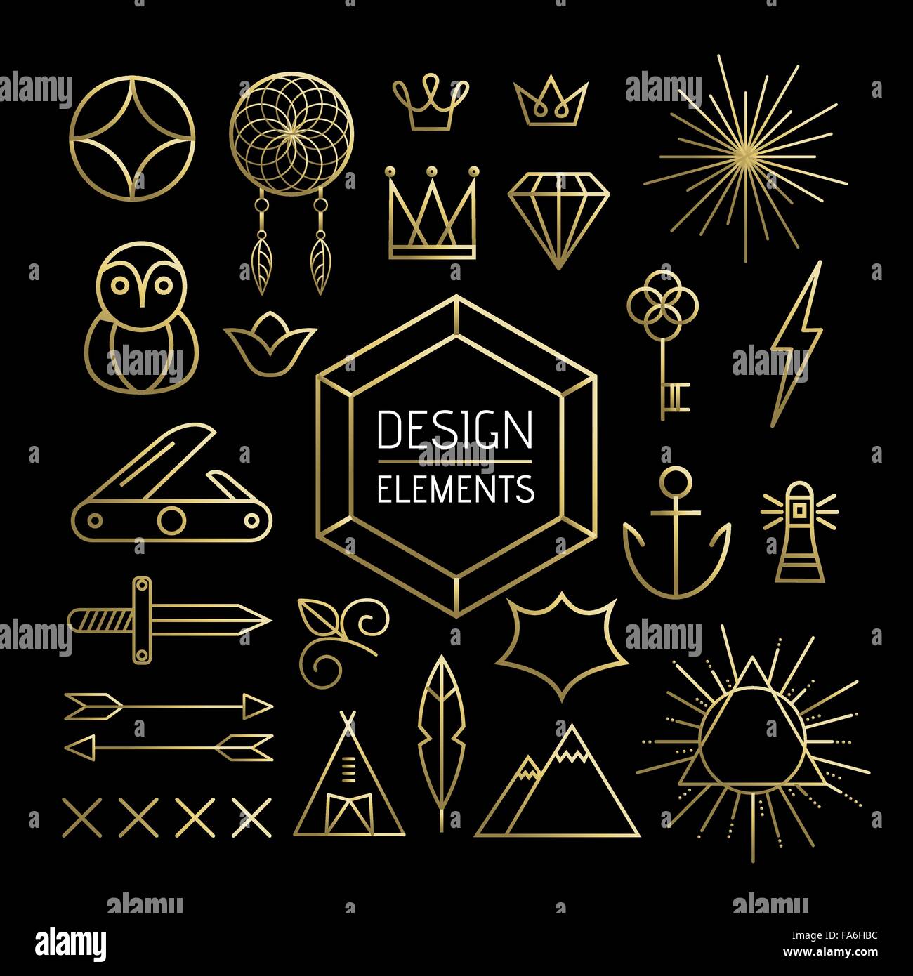 Creative design element collection in gold outline line art style. Includes boho, nature, and geometry shapes. EPS10 vector. Stock Vector