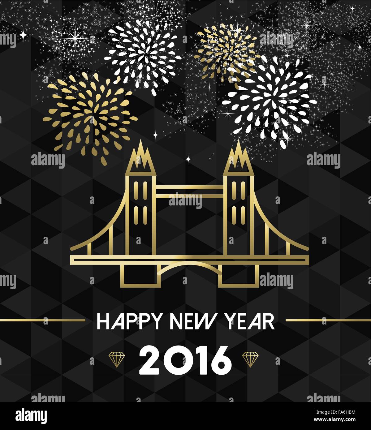 Happy New Year 2016 London greeting card with England landmark tower bridge in gold outline style. EPS10 vector. Stock Vector