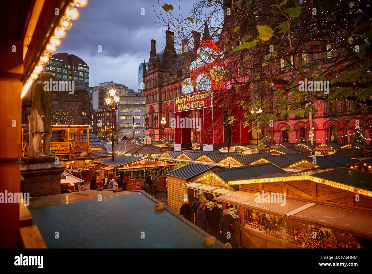 Manchester German Christmas Markets on Albert Square in front of the landmark Town Hall   Markets place training traders small b Stock Photo