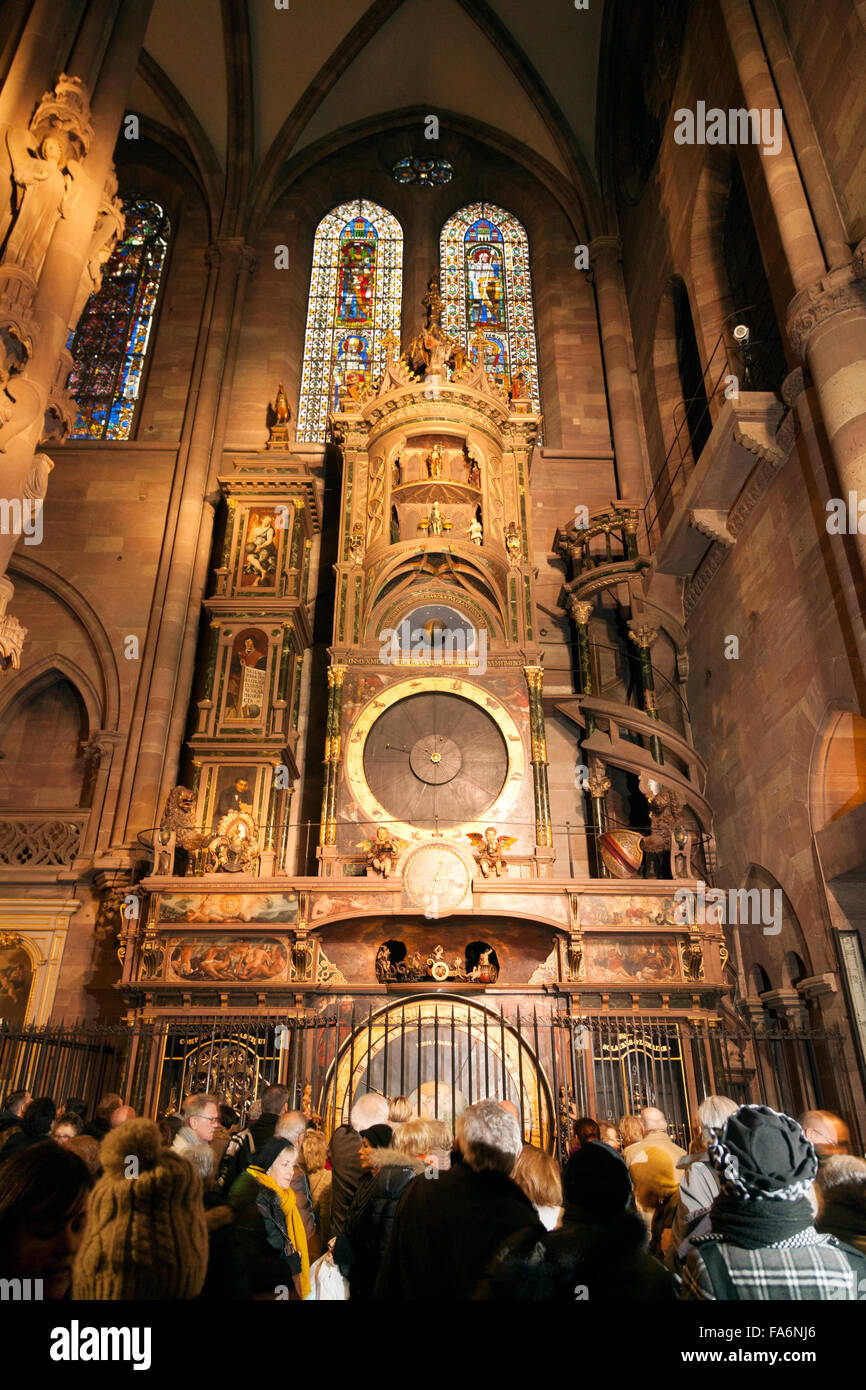 People looking at the Strasbourg Astronomical Clock dating from the 17th century, in Strasbourg Cathedral, Alsace, France Europe Stock Photo