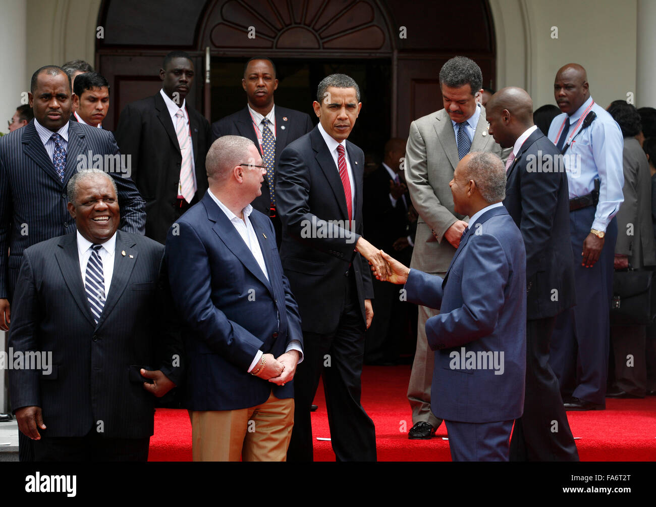 US President Barack Obama (center) attends photo opp with government leaders at the Fifth Summit. (Photo by Sean Drakes/Alamy) Stock Photo