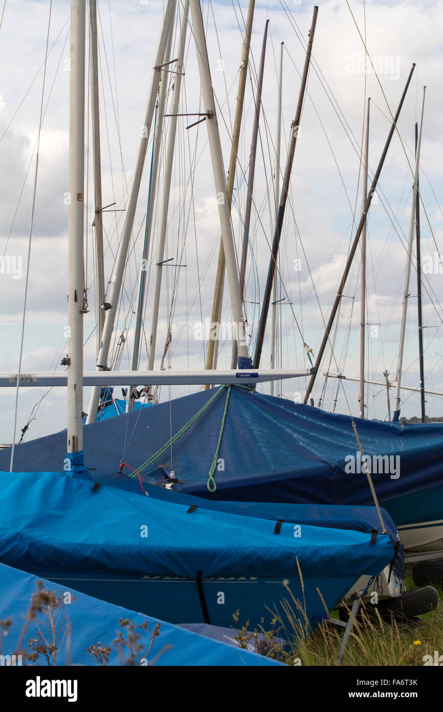 Dinghies with similar blue covers in a sailing club boat park Stock