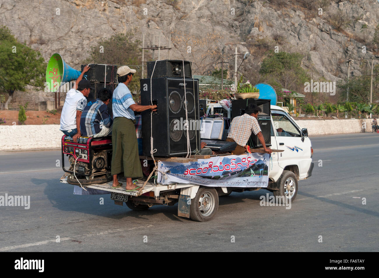 Large loudspeakers mounted on a pickup truck for a parade in Myanmar. Stock Photo