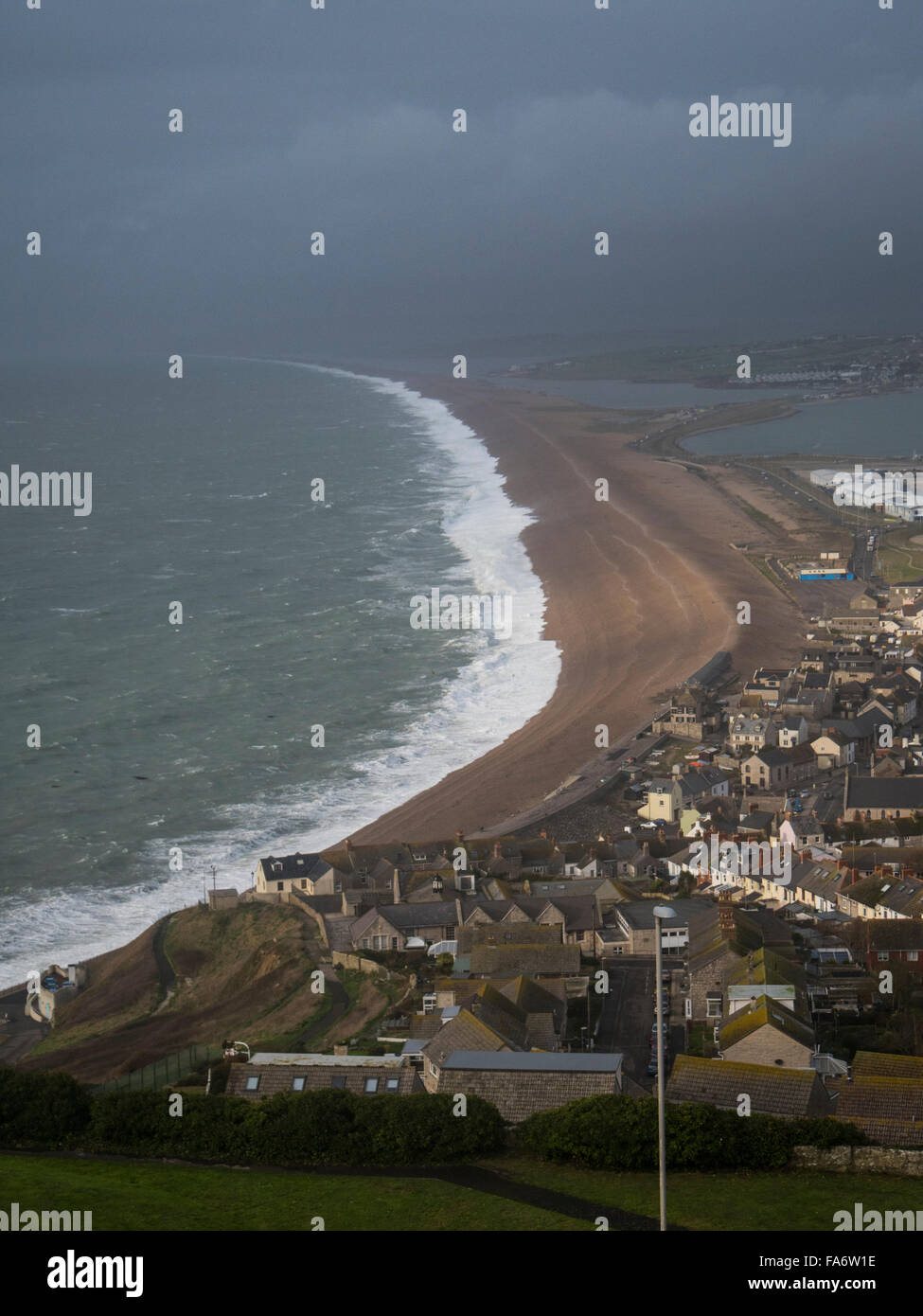 Elevated view along Chesil Beach from above Fortuneswell, Portland