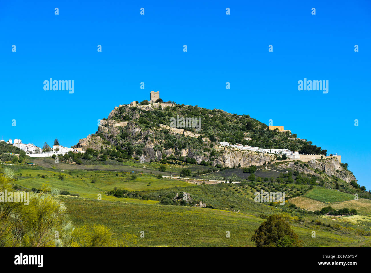 Hill with the keep of a Moorish castle, Zahara de la Sierra, Andalucía, Spain Stock Photo