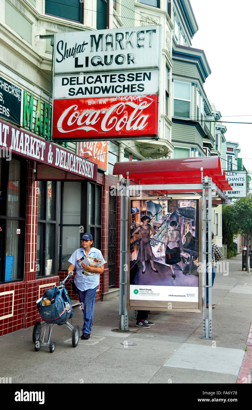 A Millard Sheets painting appears on a bus shelter kiosk in San Francisco during the Art Everywhere event. Stock Photo