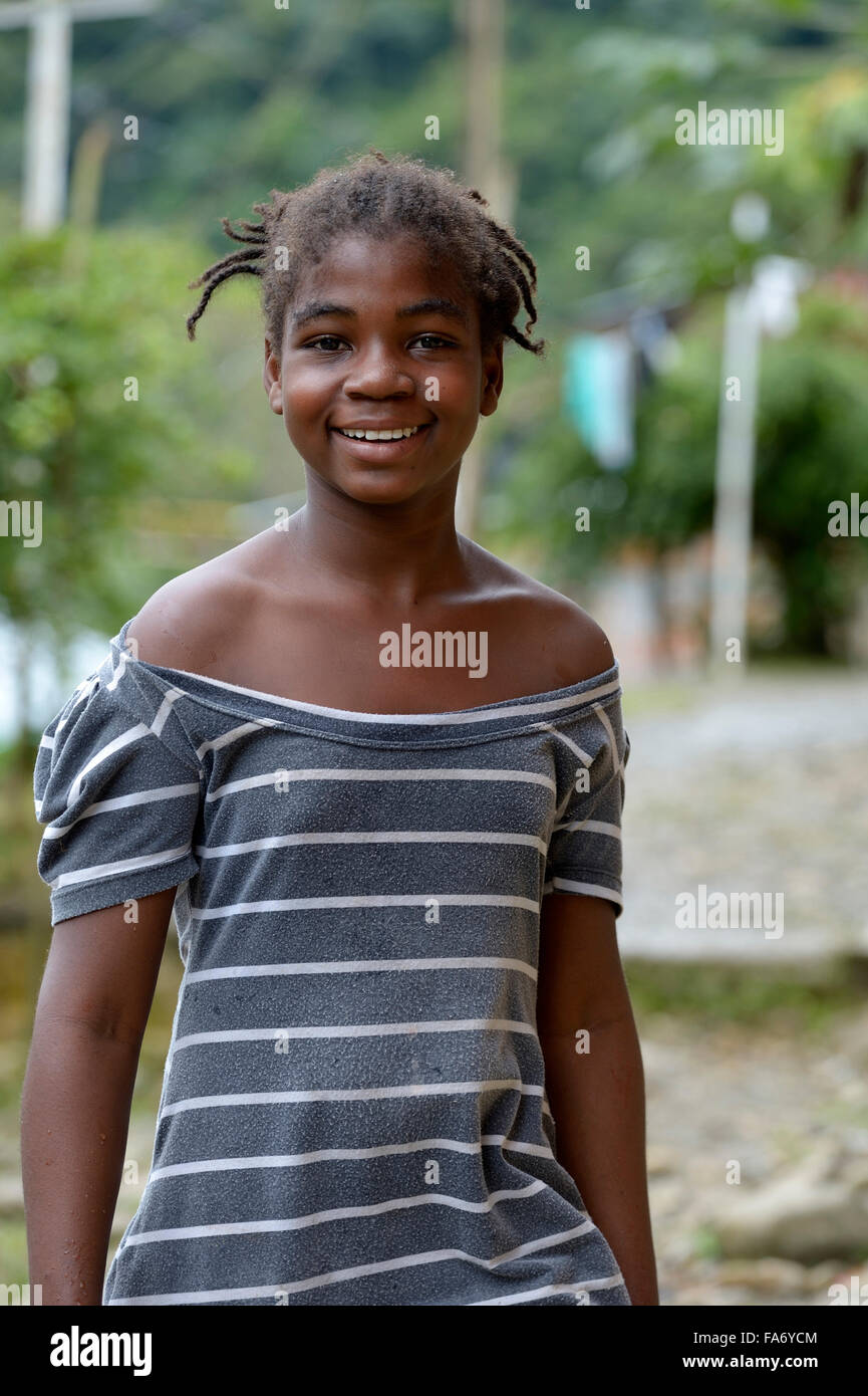 Smiling girl, portrait, afro-columbian village of El Salto on the River Rio Andagueda, Chocó Department, Colombia Stock Photo