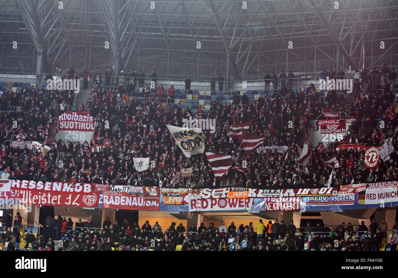 LVIV, UKRAINE - FEBRUARY 17, 2015: FC Bayern Munich team supporters show their support during UEFA Champions League game against Shakhtar Donetsk at Arena Lviv Stock Photo