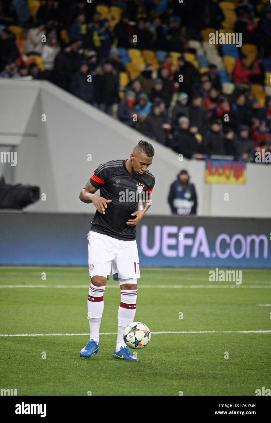 LVIV, UKRAINE - FEBRUARY 17, 2015: Jerome Boateng of Bayern Munich controls a ball during warm up session before UEFA Champions League game against FC Shakhtar Donetsk Stock Photo