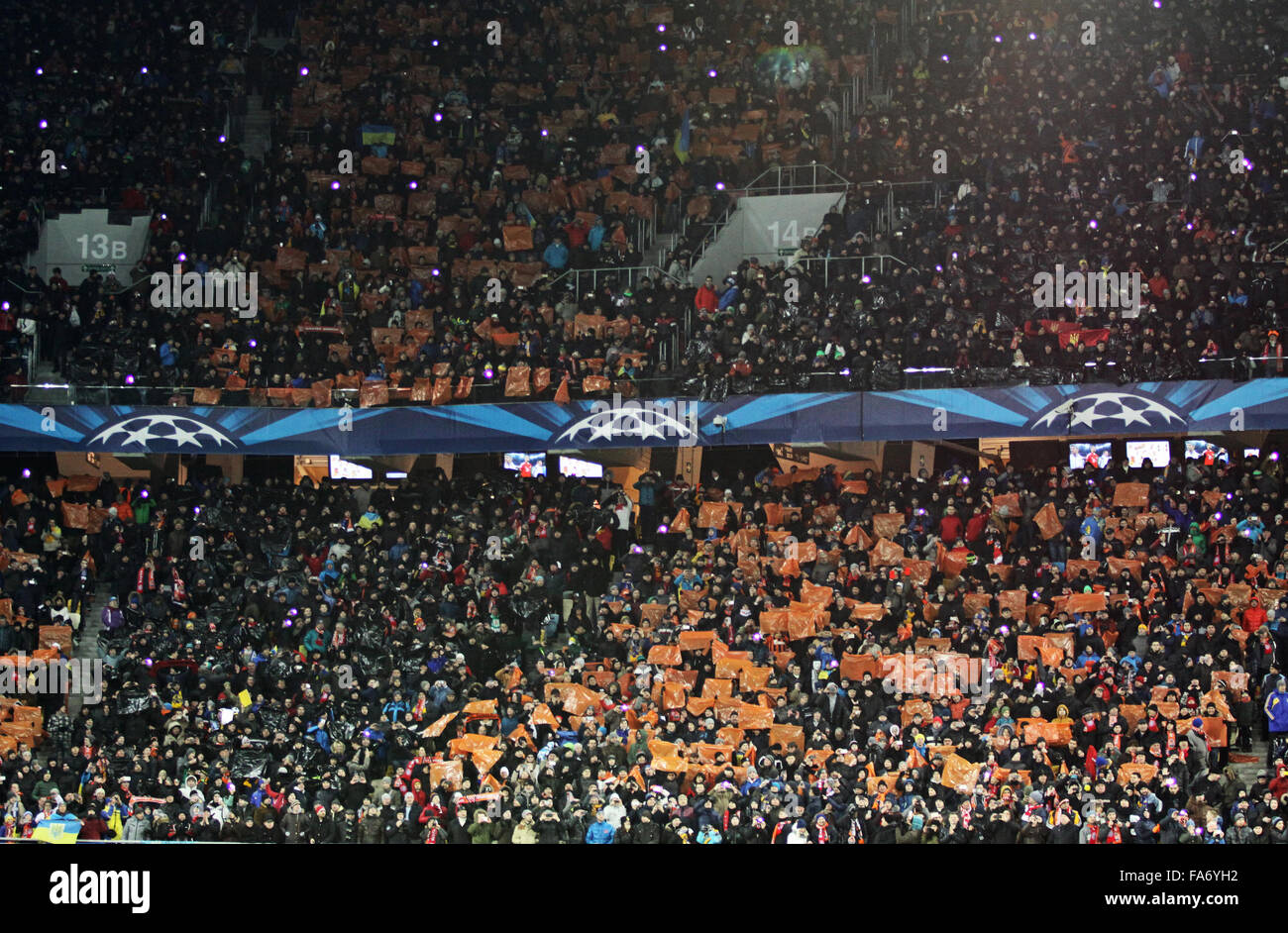 LVIV, UKRAINE - FEBRUARY 17, 2015: Tribunes of Arena Lviv stadium during UEFA Champions League game between Shakhtar Donetsk and Stock Photo