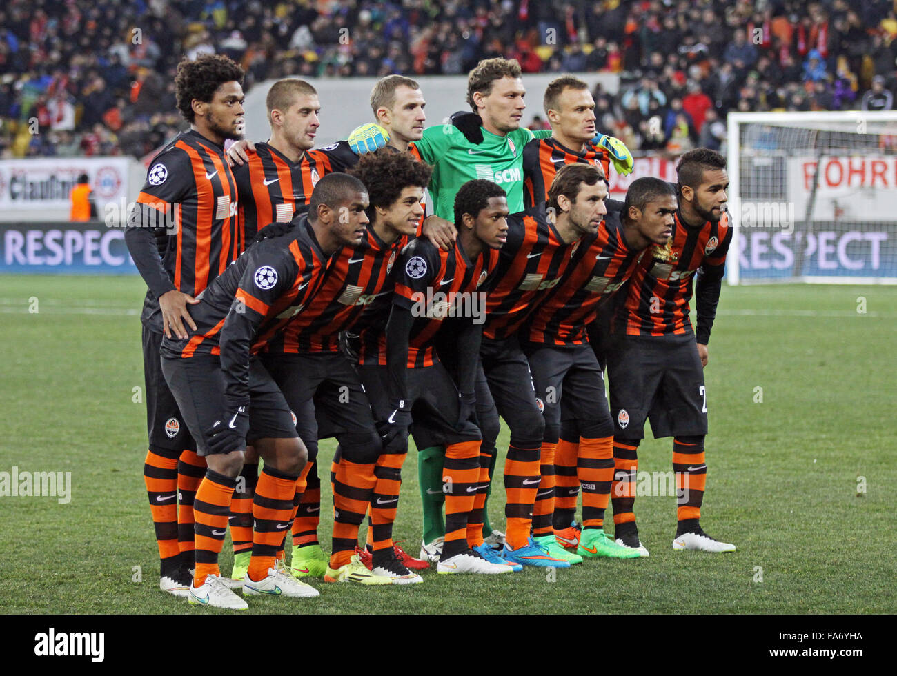 LVIV, UKRAINE - FEBRUARY 17, 2015: FC Shakhtar Donetsk players pose for a group photo before UEFA Champions League game against Stock Photo