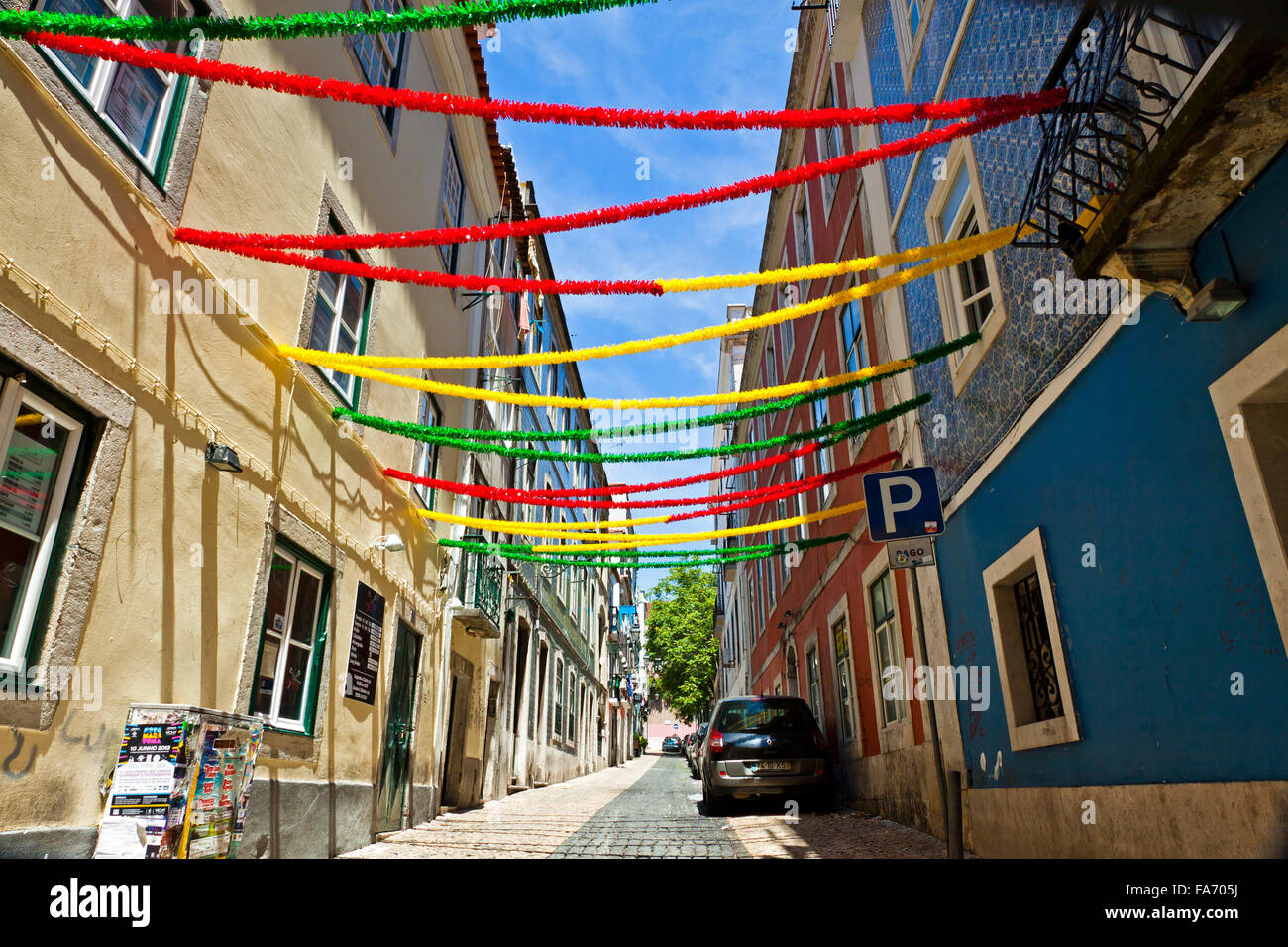 LISBON, PORTUGAL - JUNE 13, 2013: Lisbon street with holiday decoration during Lisbon Festival (Festas de Lisboa) Stock Photo