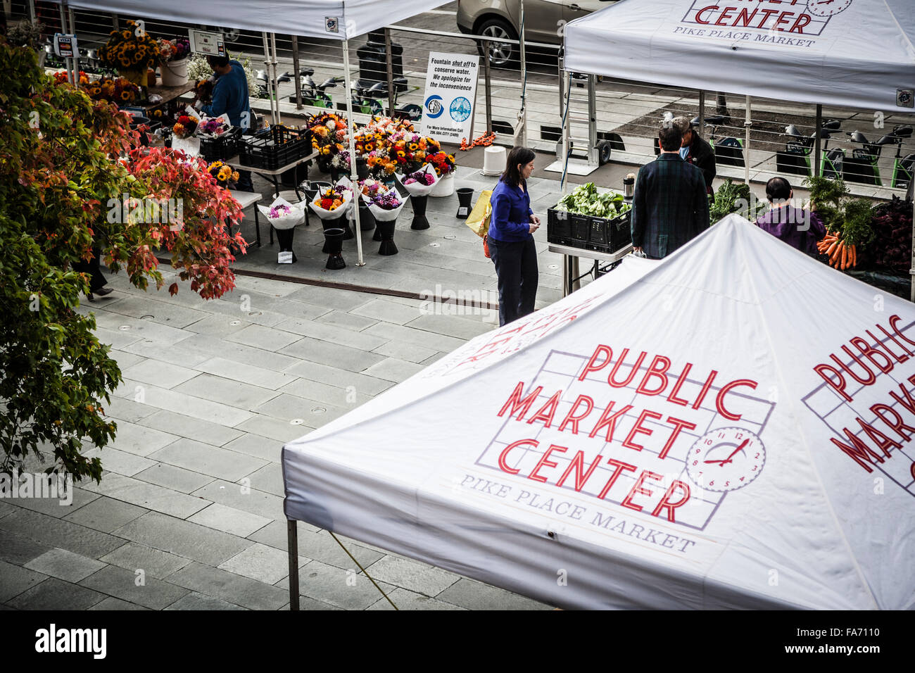 Aerial view to street market. Flower shop, seattle, Washington state