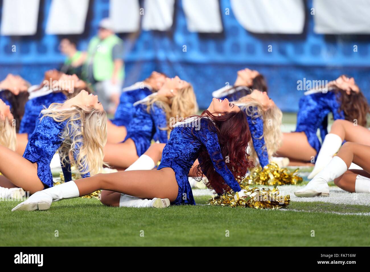 December 20, 2015 San Diego Chargers cheerleaders in action during the NFL Football game between the Miami Dolphins and the San Diego Chargers at the Qualcomm Stadium in San Diego, California. The Chargers defeated the Dolphins 30-14.Charles Baus/CSM Stock Photo