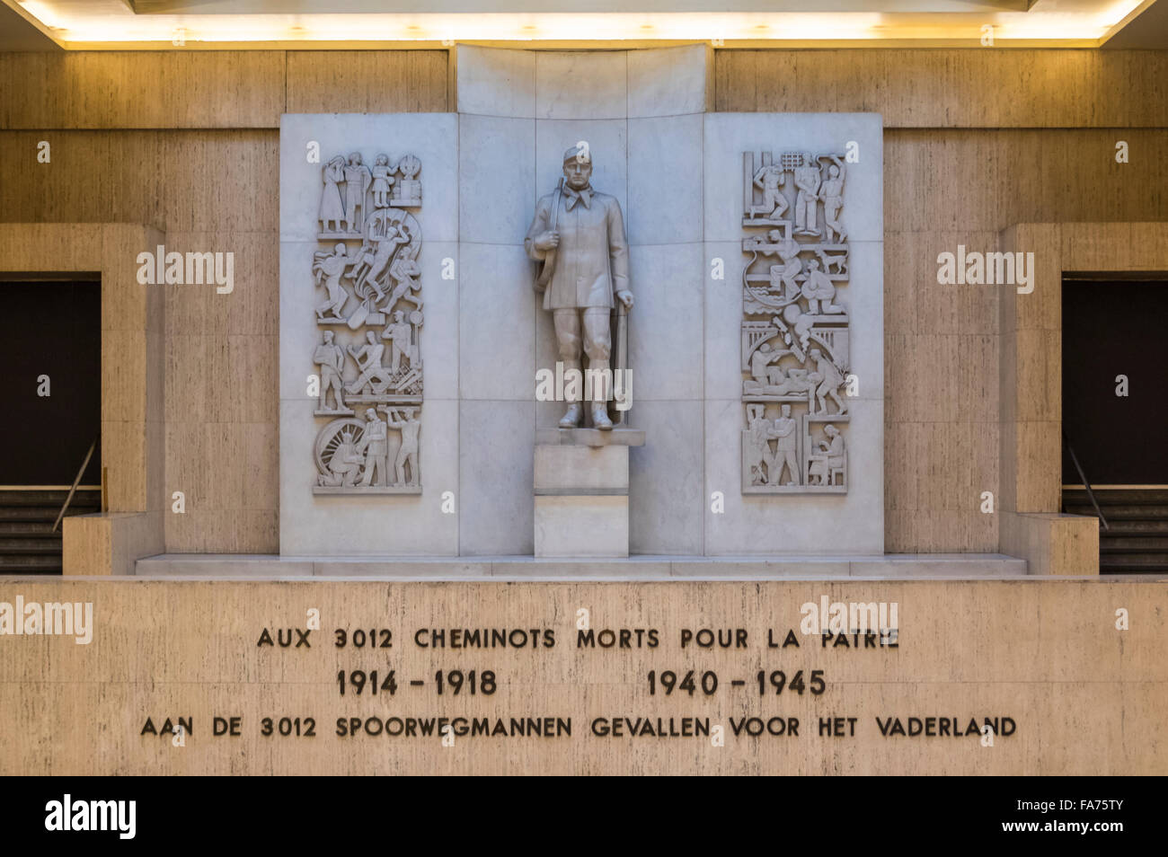 Bilingual monument for the Belgian railway workers fallen in the first and second world war. Brussels Central train station. Stock Photo