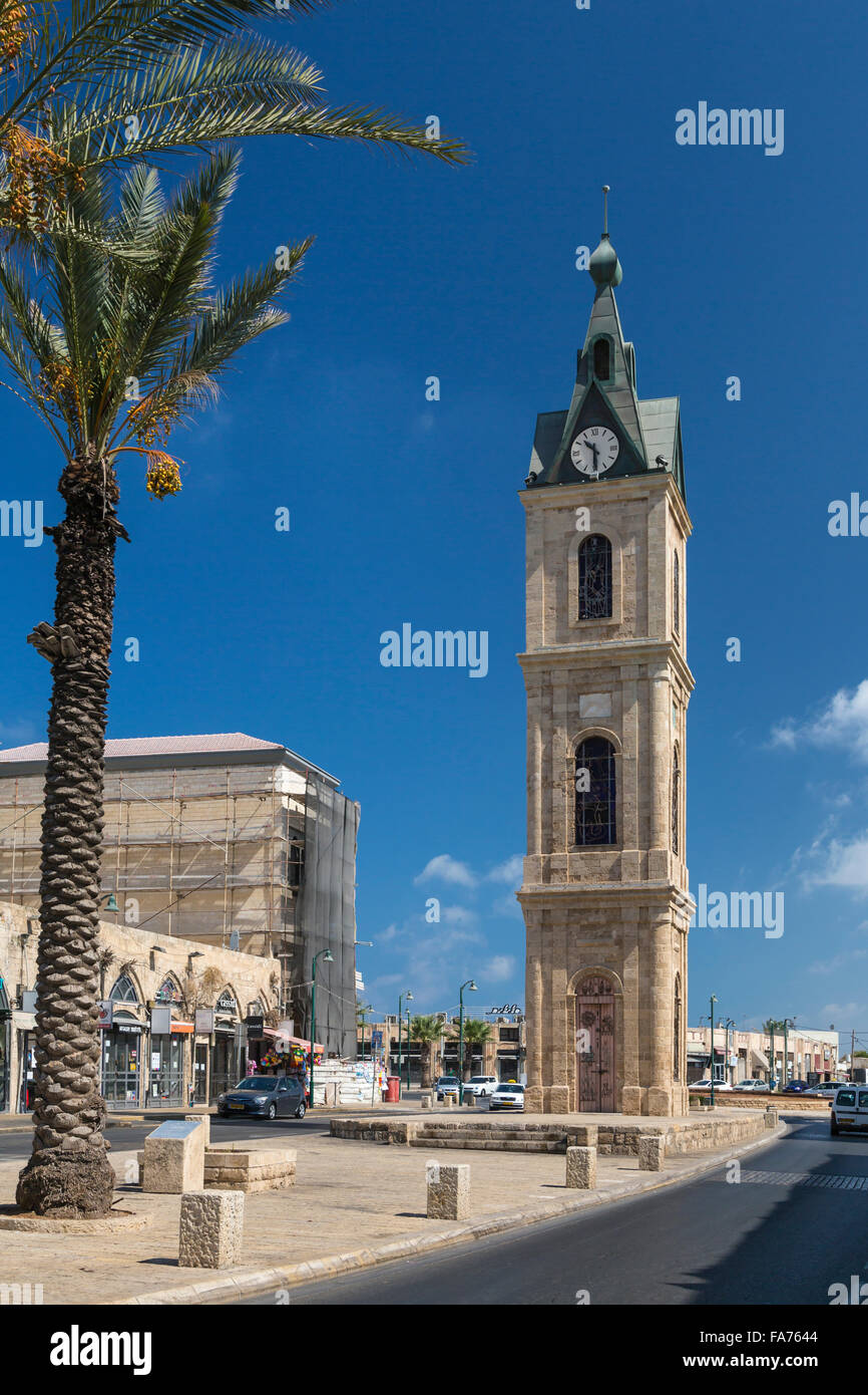 The old Jaffa clock tower on the street in Jaffa, Israel, Middle East. Stock Photo