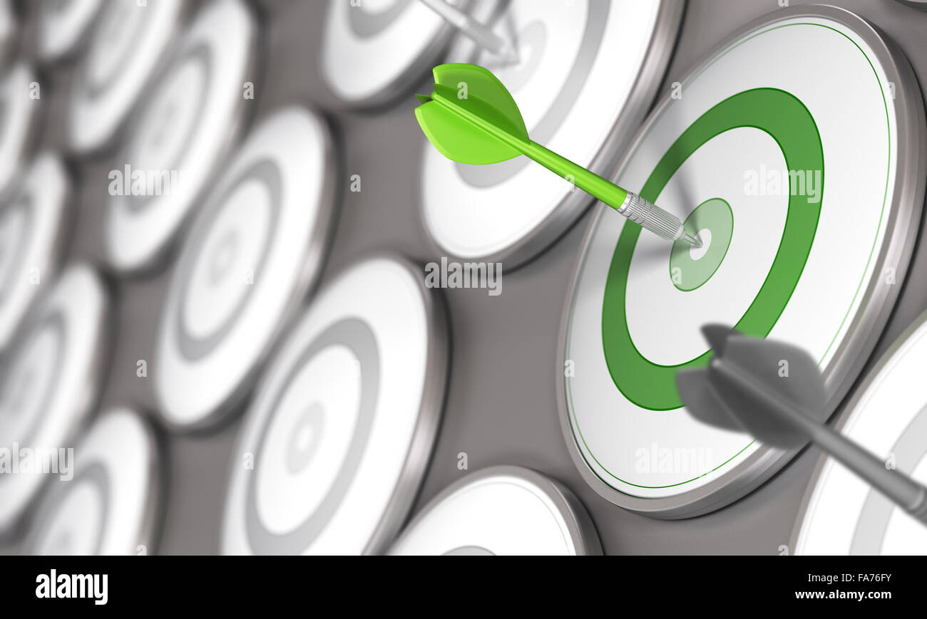 One dart hits the center of a green target with many grey targets around it. Concept image for illustration of business competit Stock Photo