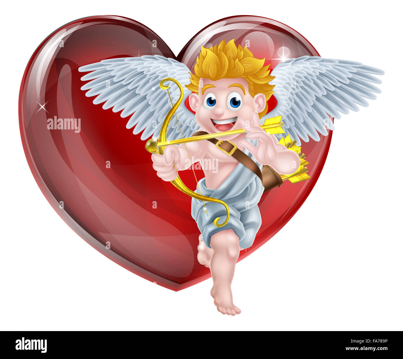 Cartoon valentines day cupid winged angel character shooting his gold bow and heart arrow in front of a big red valentines heart Stock Photo