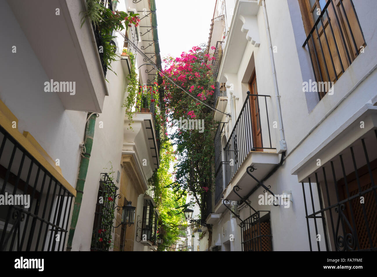 streets of Marbella in Spain with flowers and plants on the facade ...