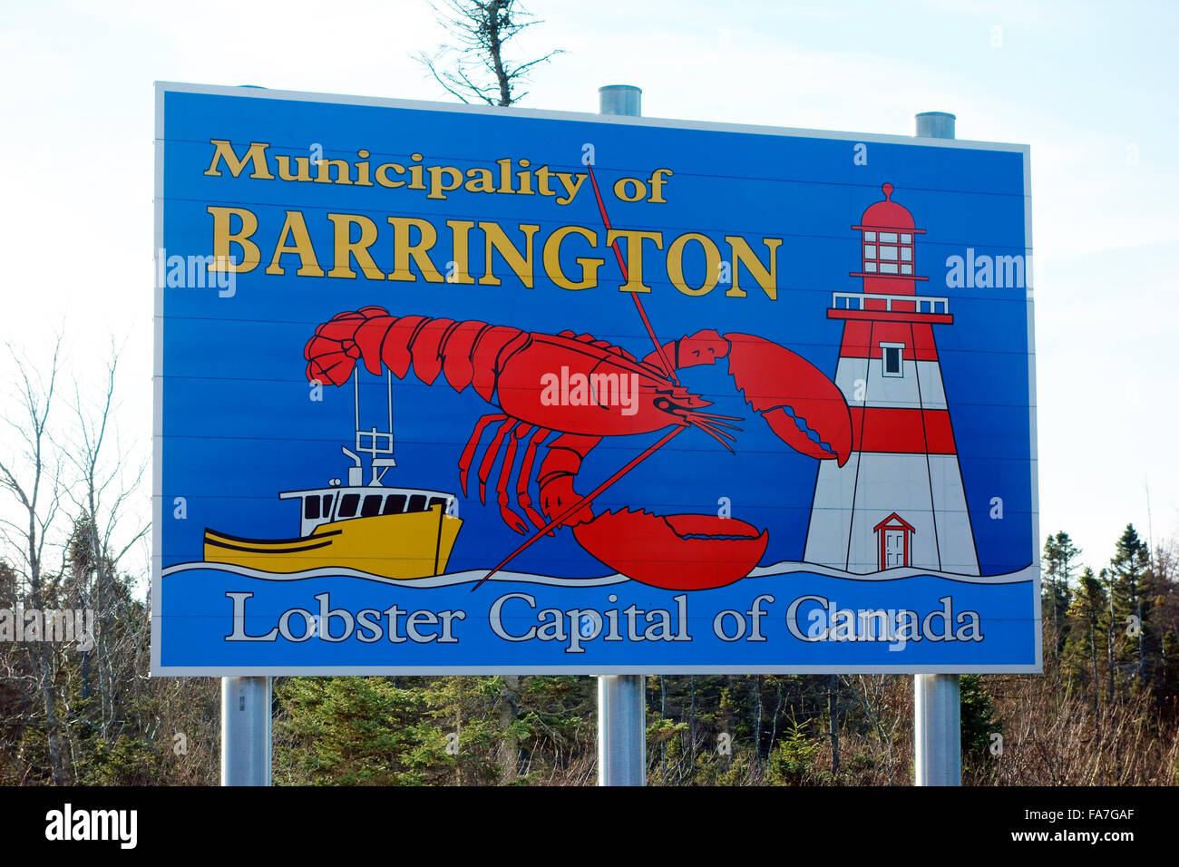 A road sign that says Barrington, Nova Scotia, Canada, Lobster Capital Of Canada Stock Photo