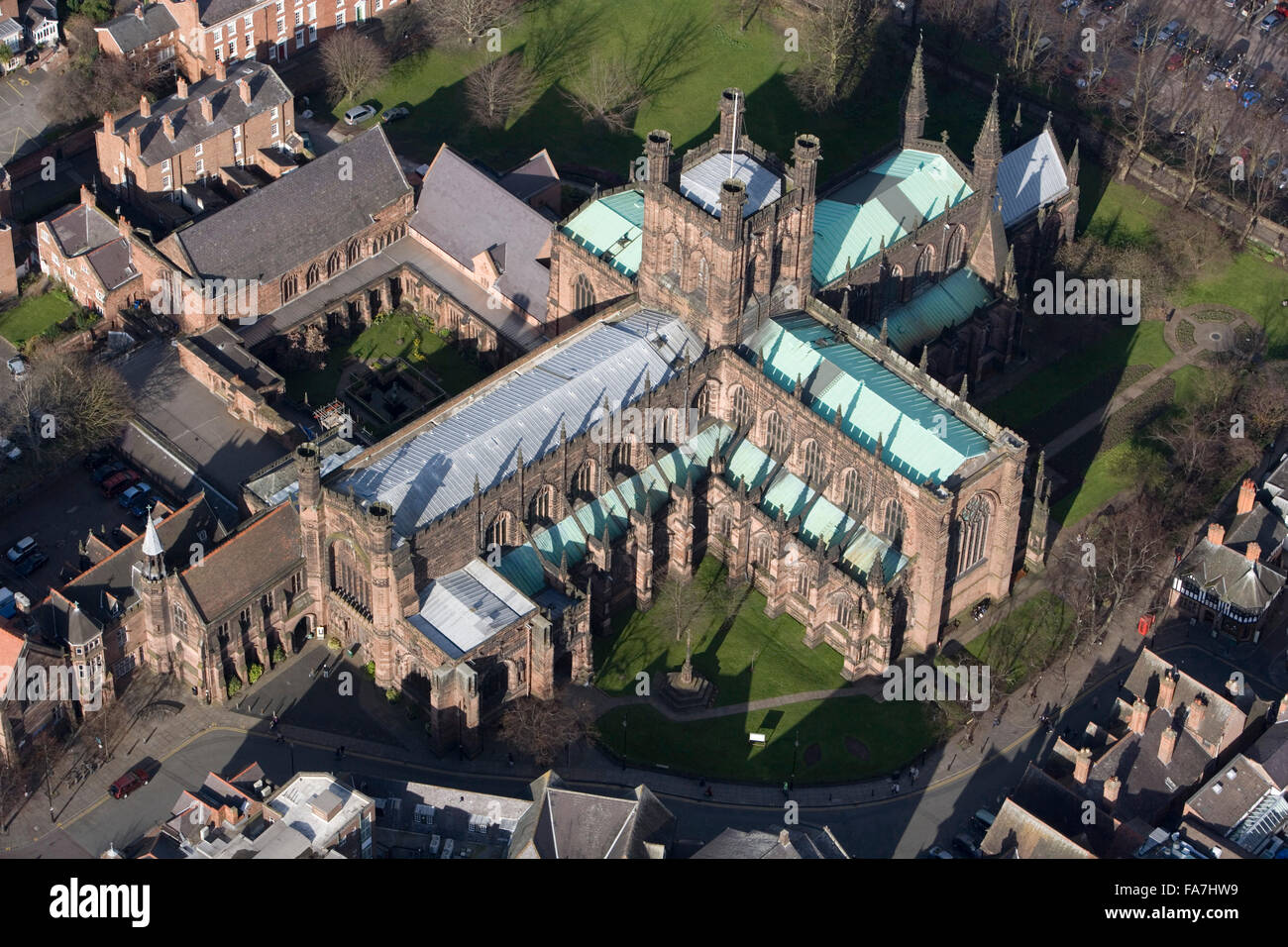CHESTER CATHEDRAL, Cheshire. Aerial view of the Cathedral Church of Christ and the Blessed Virgin Mary. Formerly the abbey church of St Werburgh's Abbey, the Cathedral complex retains many of the monastic buildings. Photographed in March 2008. Stock Photo