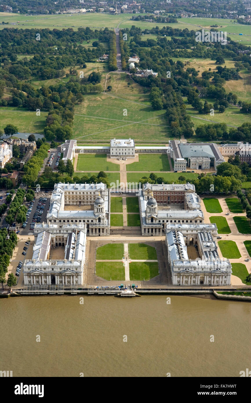 OLD ROYAL NAVAL COLLEGE, Greenwich, London. An aerial view of the baroque Naval College, Queen's House, National Maritime Museum and Greenwich Park with The Royal Observatory. River Thames. Stock Photo