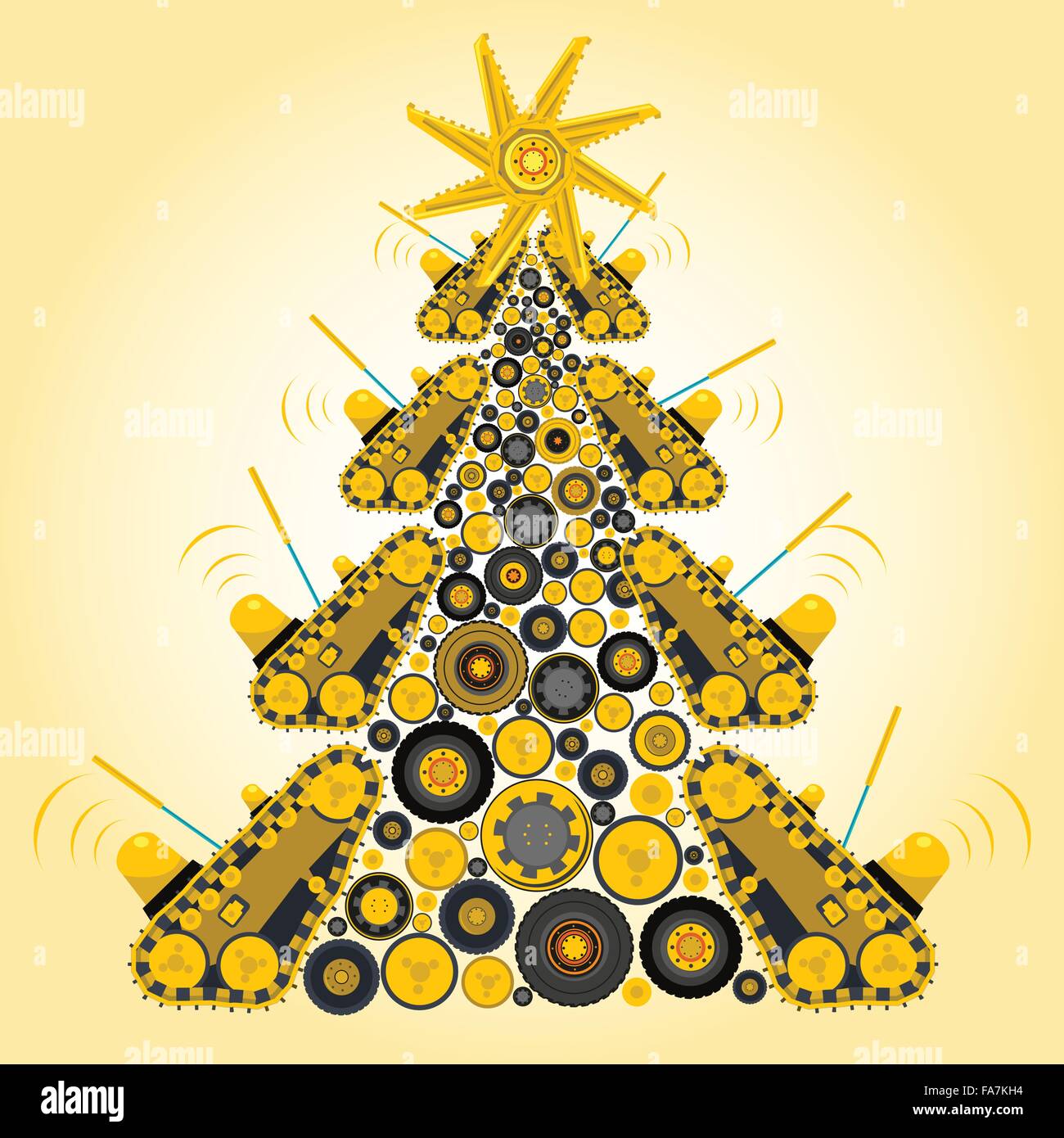 Bizarre machine Christmas tree build from ground works wheels yellow vehicles Construction and Equipment for building vector Stock Vector